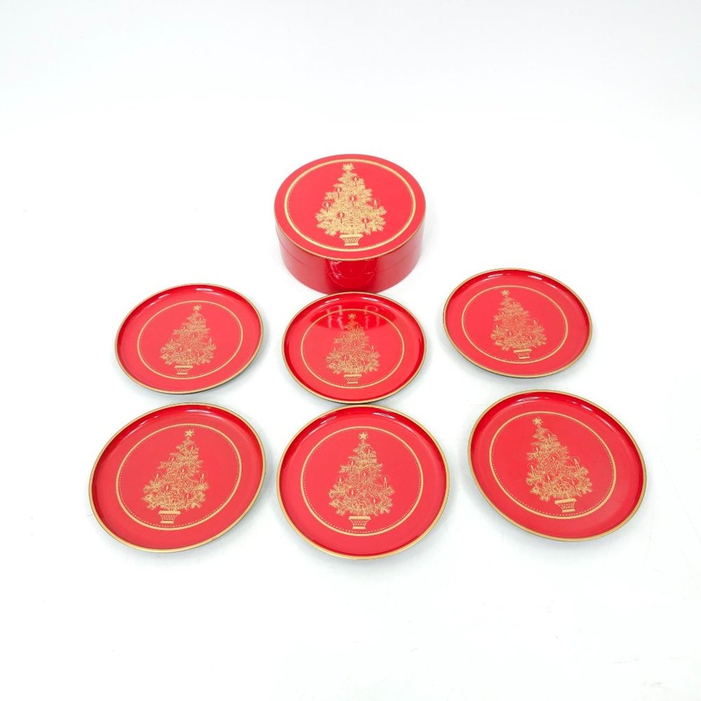 Otagiri Japan Coaster Set Vintage Christmas Tree Red Gold Holiday Lacquerware